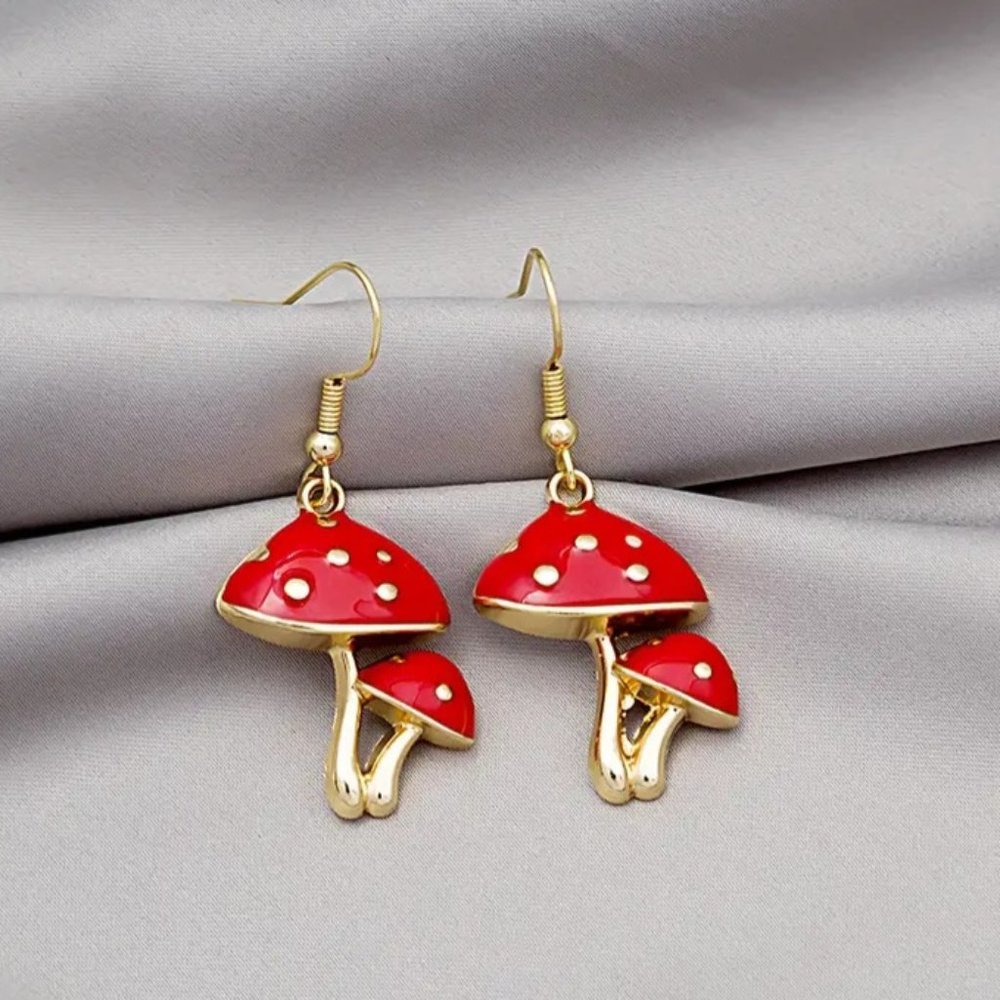 NEW Cute Mushroom Drop dangle earrings Red - Picture 3 of 5